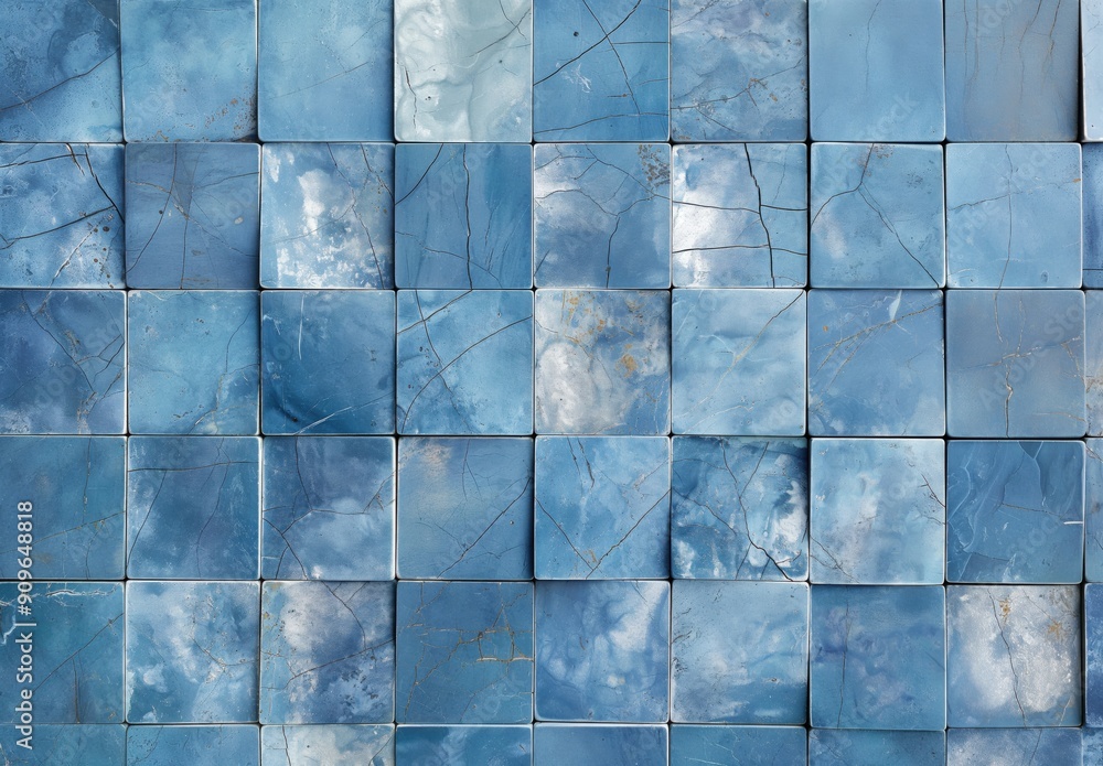A blue tile wall with a cloudy sky background. The tiles are arranged in a grid pattern. The blue color of the tiles gives a sense of calmness and serenity A blue tile wall with a cloudy sky background. The tiles are arranged in a grid pattern. The blue color of the tiles gives a sense of calmness and serenity