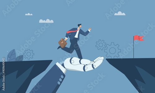 A large robotic hand that helps business people overcome cliffs or obstacles, Support or help solve problems, Support with artificial intelligence, Working with AI. Vector design illustration.