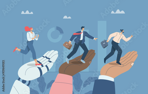 Big hands helping businessmen step into growth and advancement, Business support with artificial intelligence, AI, Consulting, Helping employees to succeed. Vector design illustration.