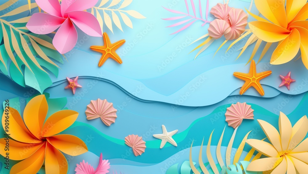 A colorful paper flower arrangement with a blue background and a few stars and shells. The flowers are orange and pink, and the background is a light blue. The arrangement is full of life and energy A colorful paper flower arrangement with a blue background and a few stars and shells. The flowers are orange and pink, and the background is a light blue. The arrangement is full of life and energy