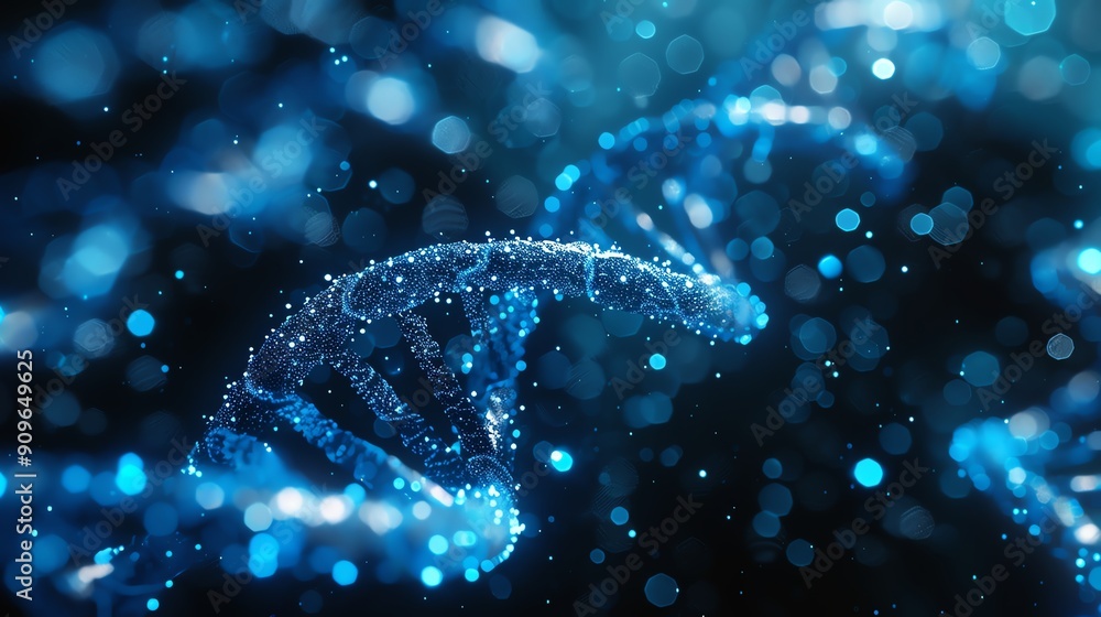 Abstract digital representation of DNA molecule with blue glowing particles. Abstract digital representation of DNA molecule with blue glowing particles.