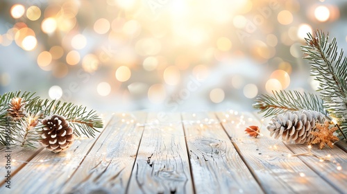 Snowy wooden table with blurred holiday lights, Template, Free copy space in the middle for text photo