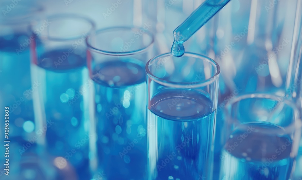 A row of blue test tubes with a blue liquid in the middle A row of blue test tubes with a blue liquid in the middle
