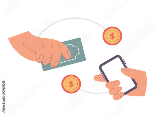 money transfer mobile banking online pay gadget economy smartphone phone connect connection payment cash cashless transaction illustration design icon