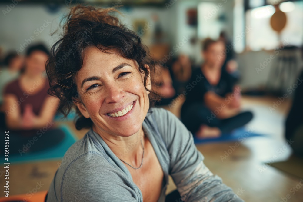 A woman with a smile on her face is sitting on a yoga mat. She is surrounded by other people who are also sitting on yoga mats. Scene is positive and relaxed A woman with a smile on her face is sitting on a yoga mat. She is surrounded by other people who are also sitting on yoga mats. Scene is positive and relaxed