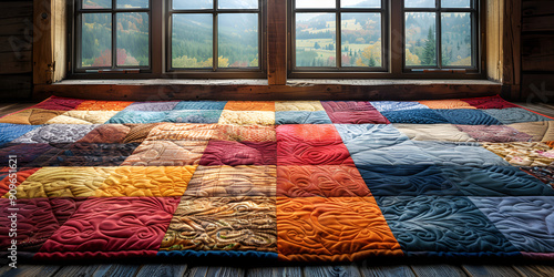 Bohemian quilt with colorful, intricate patterns and a cozy, handmade feel, spread out on a rustic bed