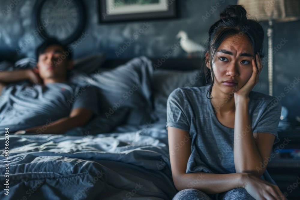 A young woman with an emotional expression sitting on the edge of a bed. A man is lying in the background, creating a dramatic atmosphere. Introspective, moody style for storytelling or mental health A young woman with an emotional expression sitting on the edge of a bed. A man is lying in the background, creating a dramatic atmosphere. Introspective, moody style for storytelling or mental health