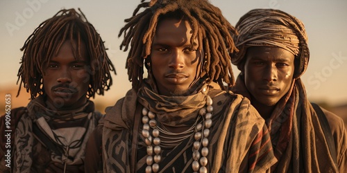 Three men in tribal outfits pose in the desert