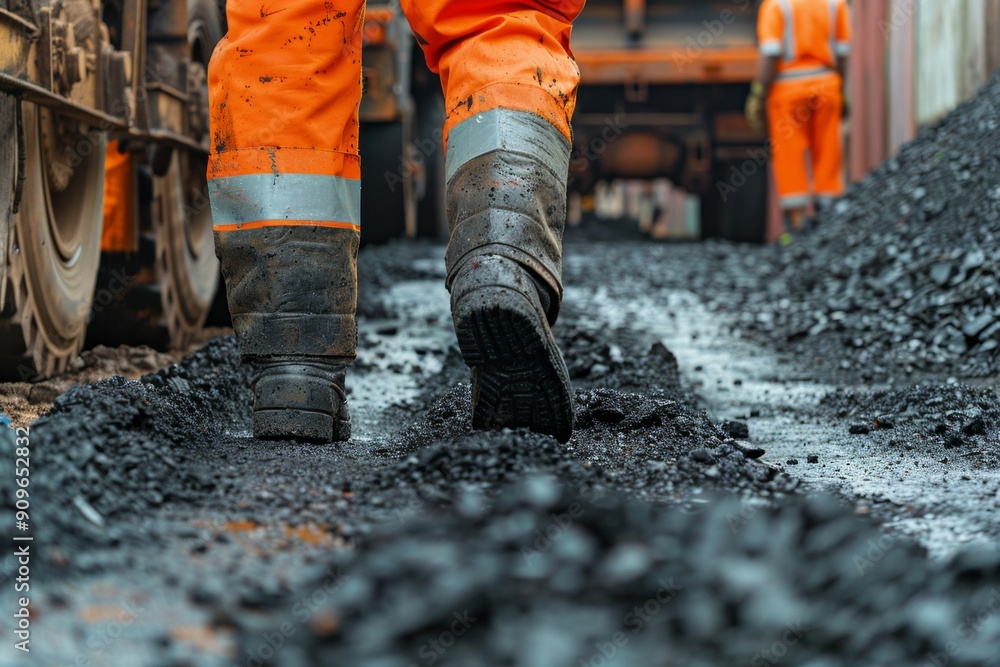 Fototapeta premium Close-up of construction workers wearing orange reflective gear working on a road surface. Focus on boots stepping on gravel. Perfect for construction industry concepts and projects. Generative AI