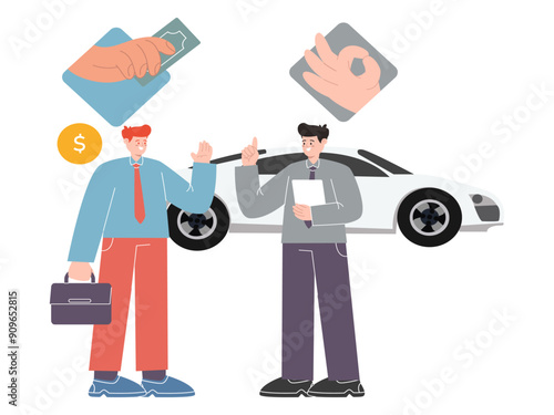 buying a car buy buyer sell selling car agreement pay paying for car dealer automotive vehicle transportation purchase purchasing transport new car character colorful design illustration