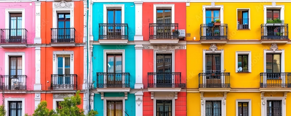 Sharp Focus on Madrid's Opera District: Colorful Facades. Sharp Focus on Madrid's Opera District: Colorful Facades.
