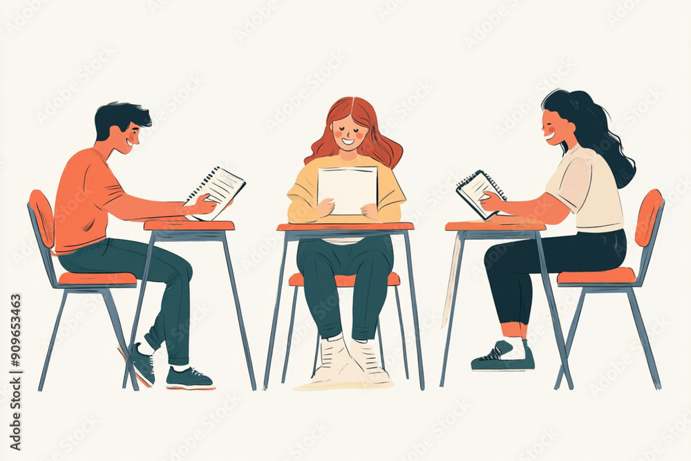 graphic design showing happy high school students passing exams, elegant and minimalistic graphic design showing happy high school students passing exams, elegant and minimalistic