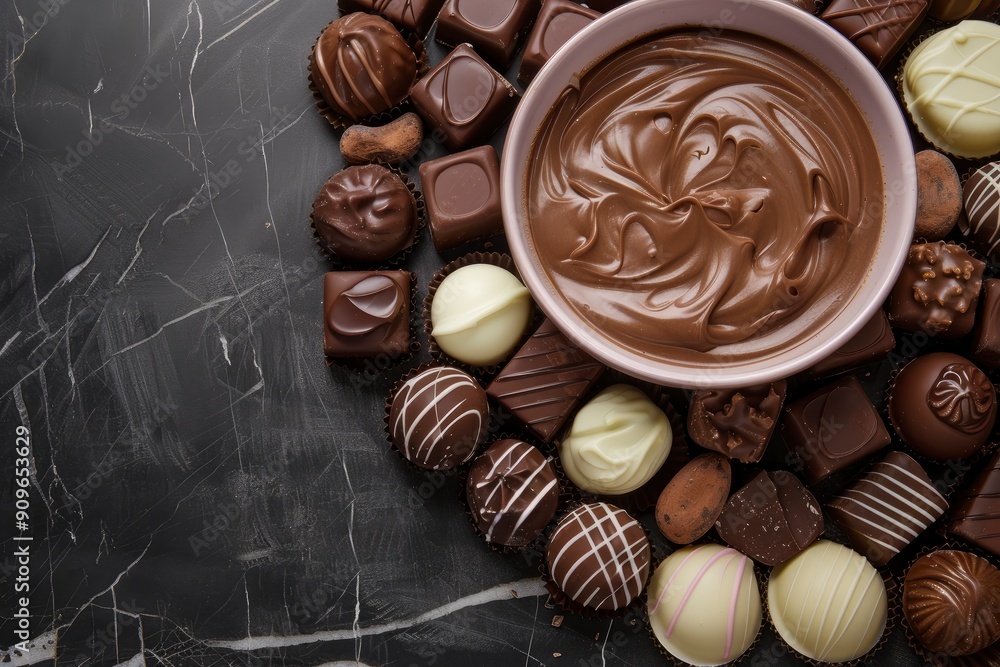 Chocolate candy box / Assorted fine chocolates in white, dark and milk chocolate and a bowl of melted chocolate with empty space with generative ai Chocolate candy box / Assorted fine chocolates in white, dark and milk chocolate and a bowl of melted chocolate with empty space with generative ai