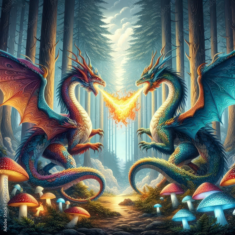 Fototapeta premium two dragons dragon breathes fire in the forest
