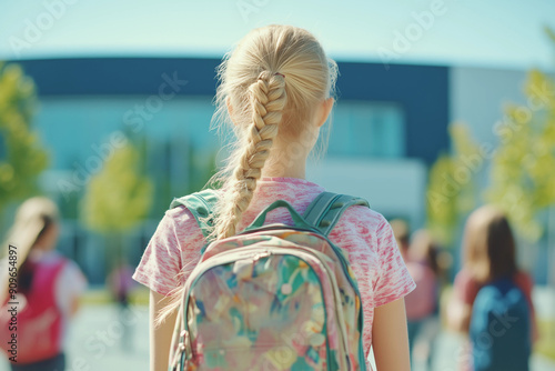 Blondes Mädchen mit Zopf auf dem Schulweg  photo