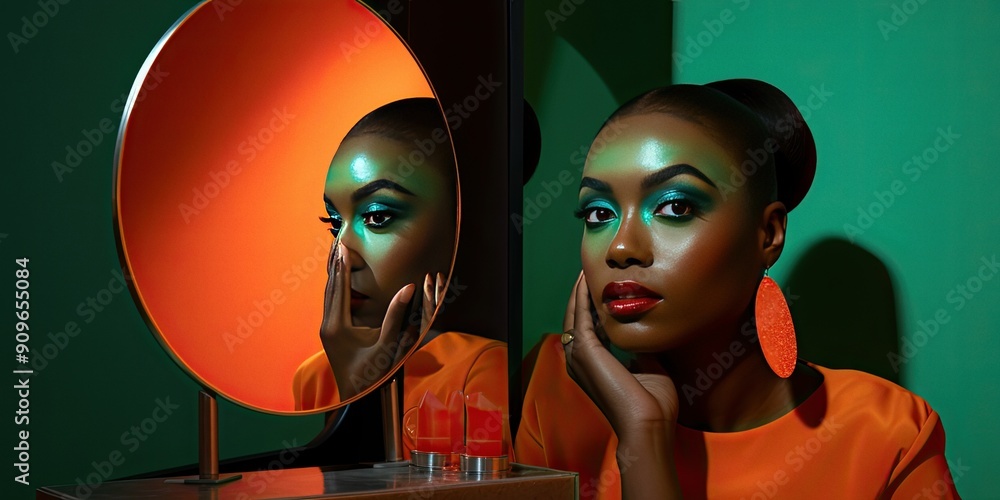 Φωτογραφία Woman in front of mirror with bright makeup vibrant colors fashion portrait