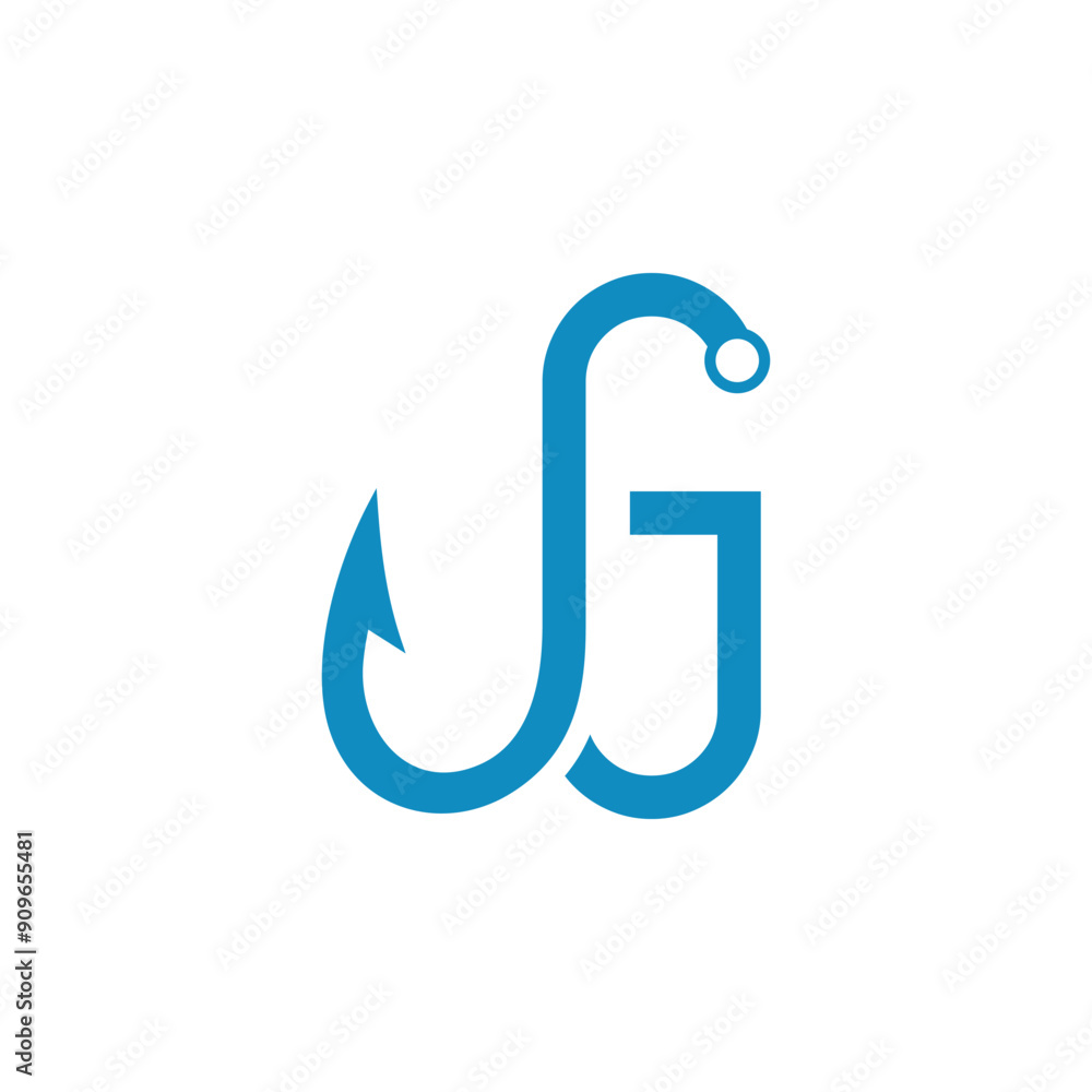 a combination of a fishing hook and a blue alphabet or initial or letter a combination of a fishing hook and a blue alphabet or initial or letter