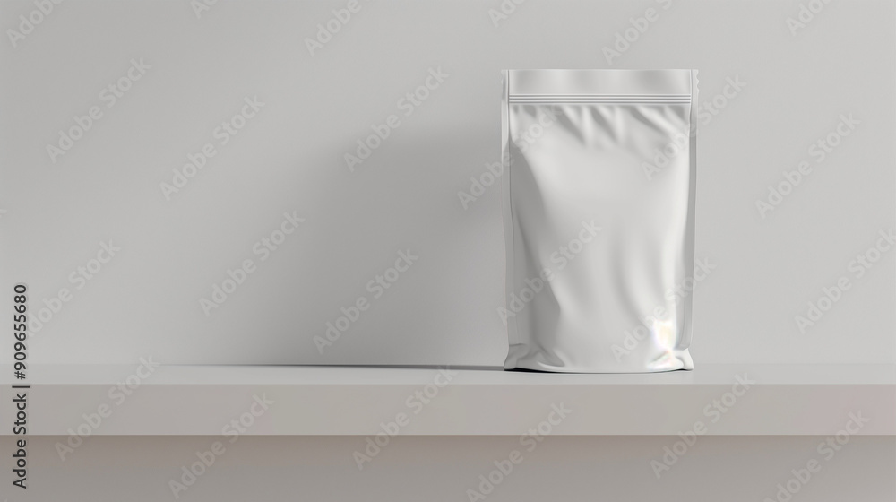 mockup white standing food pouch, on minimalist store shelf, Ai Generated Images mockup white standing food pouch, on minimalist store shelf, Ai Generated Images
