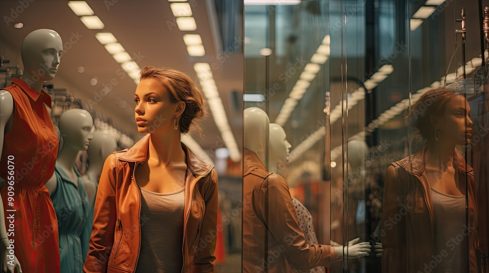 Φωτογραφία Woman shopping at a department store with mannequins and clothing on display