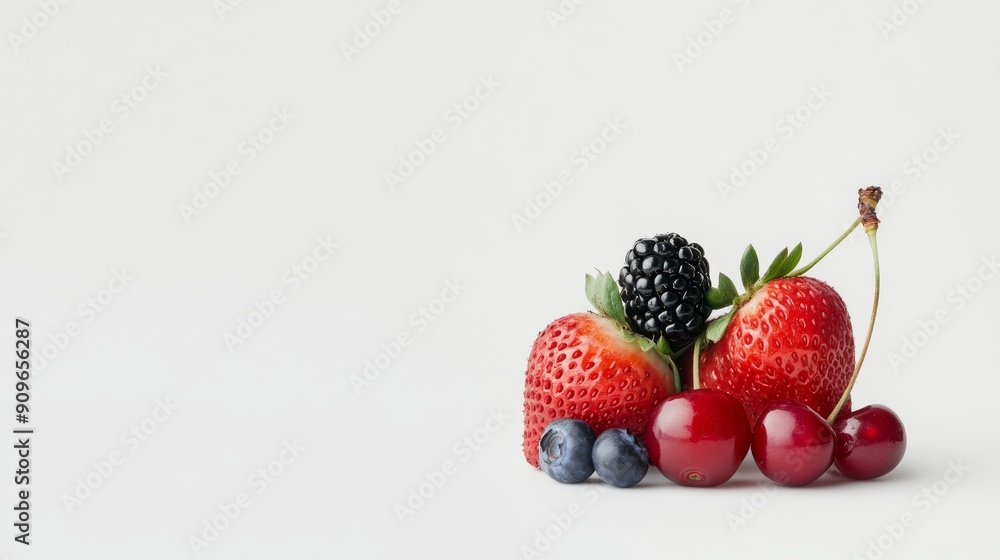 A collection of fresh strawberries, blackberries, blueberries, and cherries beautifully arranged against a white background, highlighting their vibrant colors and textures. A collection of fresh strawberries, blackberries, blueberries, and cherries beautifully arranged against a white background, highlighting their vibrant colors and textures.