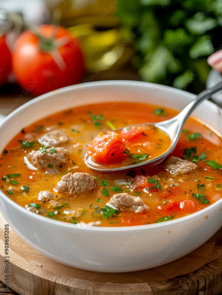 Spicy Mexican soup with meat, beans and tomatoes Spicy Mexican soup with meat, beans and tomatoes