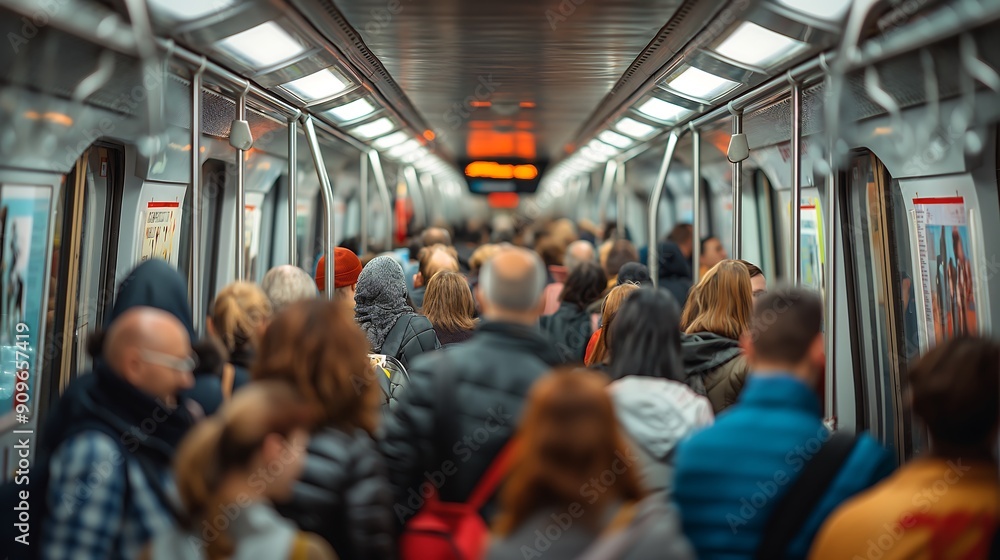 Trains filled with people going to work in the morning or leaving work in the evening during rush hour. Trains filled with people going to work in the morning or leaving work in the evening during rush hour.