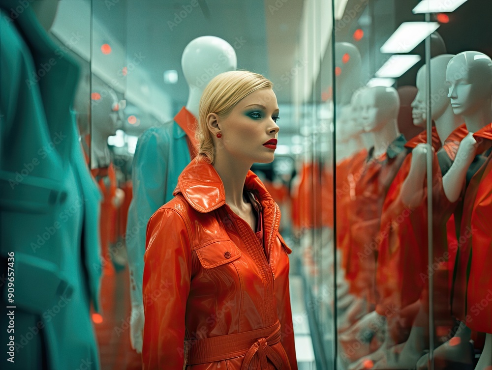 Φωτογραφία Woman shopping at a department store with mannequins and clothing on display