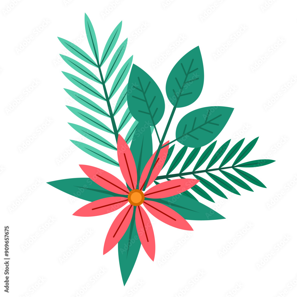 Tropical flower and leaf illustration, Beautiful tropical flower Tropical flower and leaf illustration, Beautiful tropical flower
