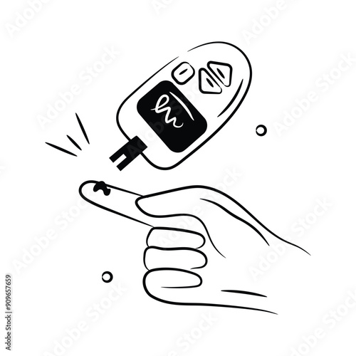 Glucometer with a finger prick, depicting the concept icon of a blood sugar test.