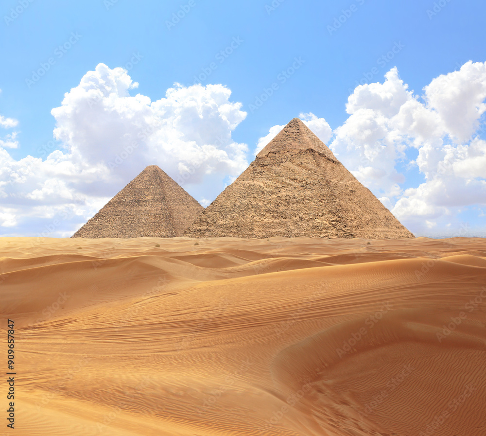 Famous Great Pyramids of Chephren and Cheops, Cairo, Egypt. Two of the three Great Pyramids, Giza pyramid complex (Giza Necropolis) Famous Great Pyramids of Chephren and Cheops, Cairo, Egypt. Two of the three Great Pyramids, Giza pyramid complex (Giza Necropolis)