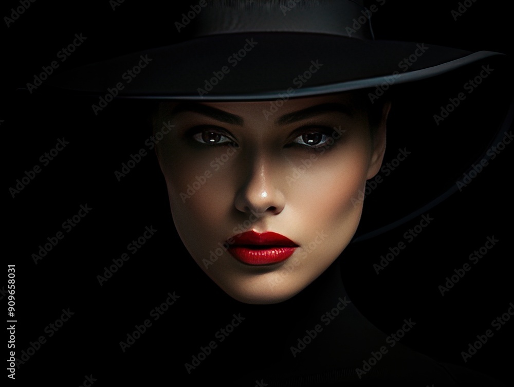 Woman with make-up and red lipstick wearing a black hat fashion portrait Woman with make-up and red lipstick wearing a black hat fashion portrait
