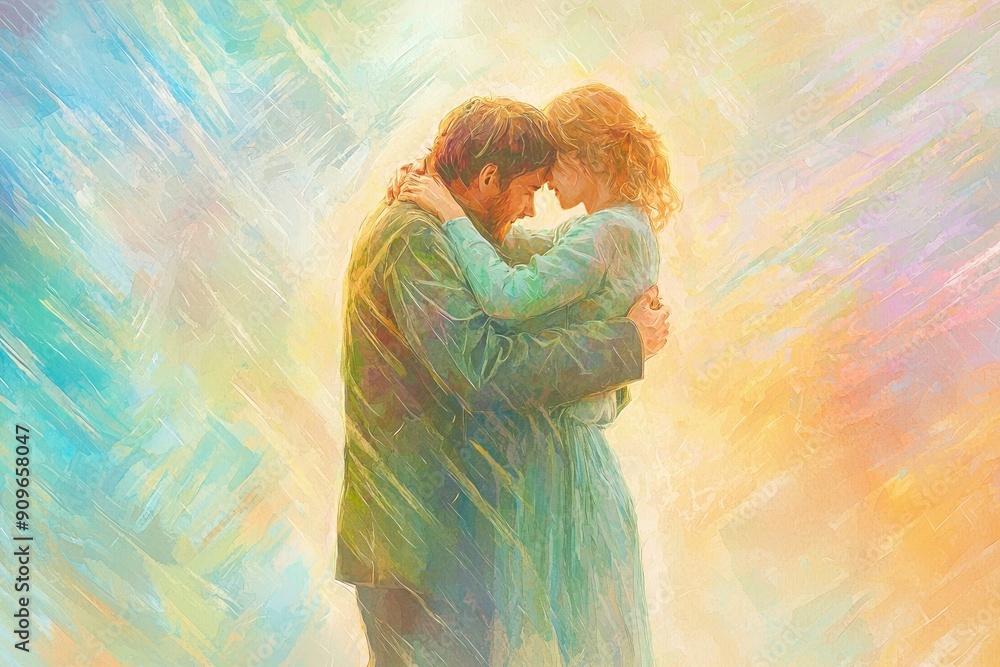 A romantic embrace between a couple, surrounded by a vibrant, colorful background, evoking love and intimacy. A romantic embrace between a couple, surrounded by a vibrant, colorful background, evoking love and intimacy.