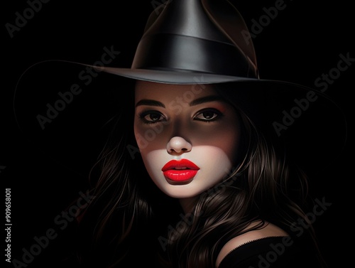 Woman with make-up and red lipstick wearing a black hat fashion portrait