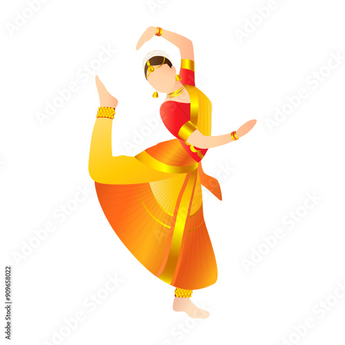 Vector illustration of Indian woman performing Bharatanatyam dance on transparent background