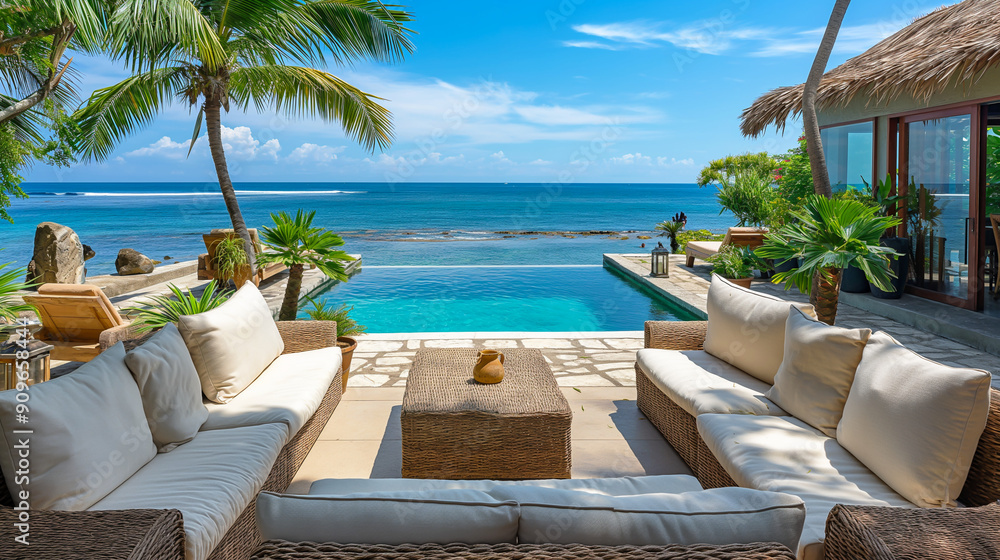 Obraz premium Luxurious Modern Villa with Infinity Pool Overlooking Tropical Ocean