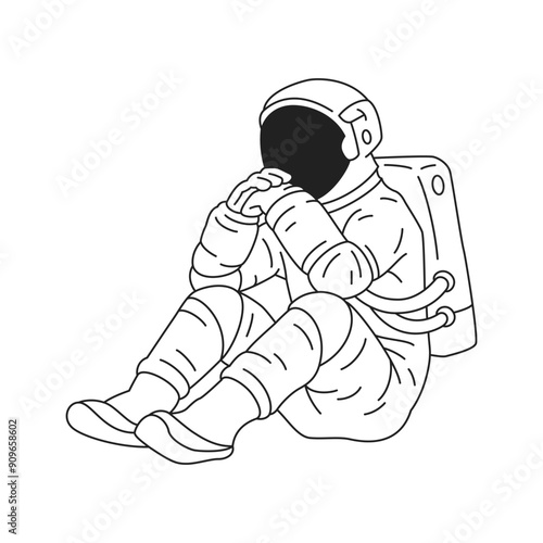 Y2k pensive astronaut sitting thinking comic outline icon vector flat illustration