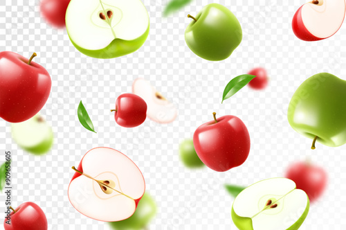 Flying red and green juicy apples. Bright background falling apples, realistic illustration with blurred effect. 3d vector design for advertising banners and web page design