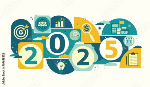 2025 new year goal plan action with target icons, Business plan, financial plan and strategies. Annual plan and development for achieving goal, achievement and success in 2024. Vector illustrator set.