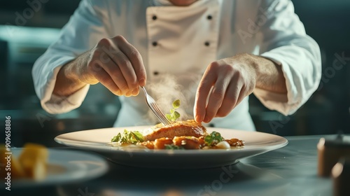 A chef artfully garnishing a plate of gourmet food in a professional kitchen, showcasing culinary creativity and skill. photo