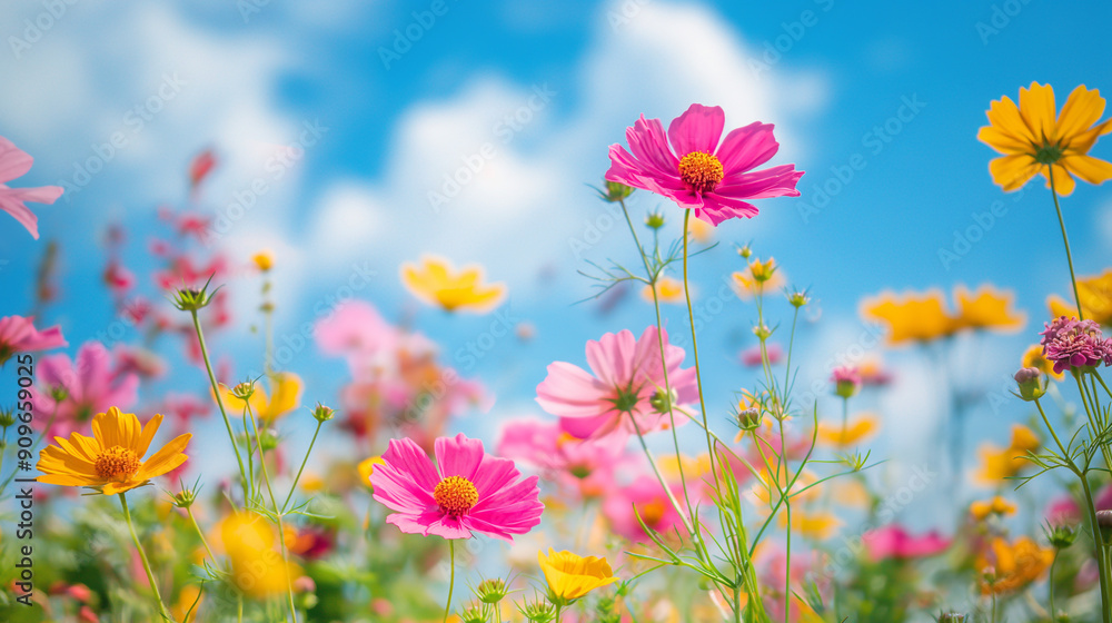 Colorful wildflowers blooming under a bright blue sky Colorful wildflowers blooming under a bright blue sky