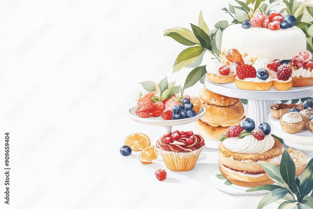 A delightful assortment of cakes and desserts adorned with fresh berries and greenery, perfect for any sweet occasion. A delightful assortment of cakes and desserts adorned with fresh berries and greenery, perfect for any sweet occasion.