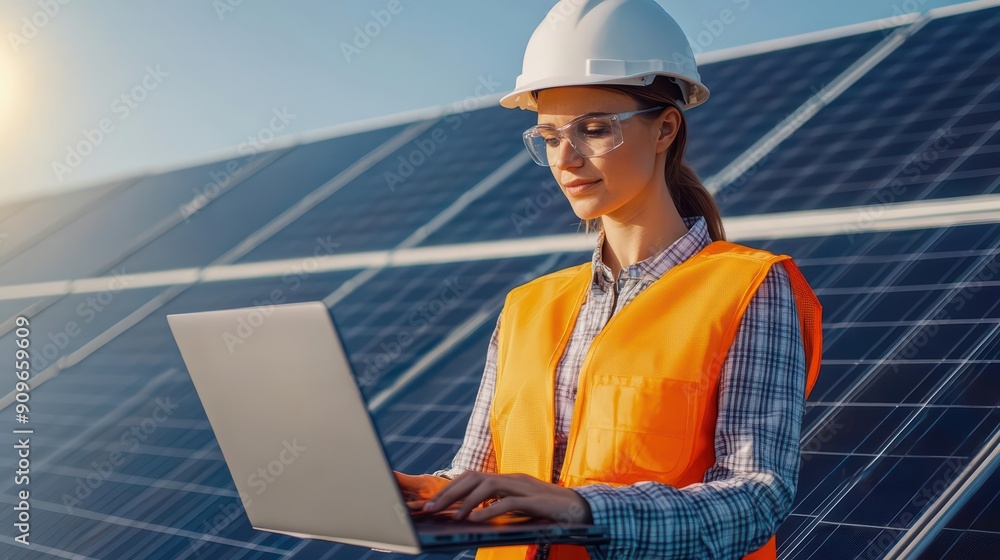 A female engineer works on a laptop in front of solar panels, showcasing renewable energy and technology in action. A female engineer works on a laptop in front of solar panels, showcasing renewable energy and technology in action.