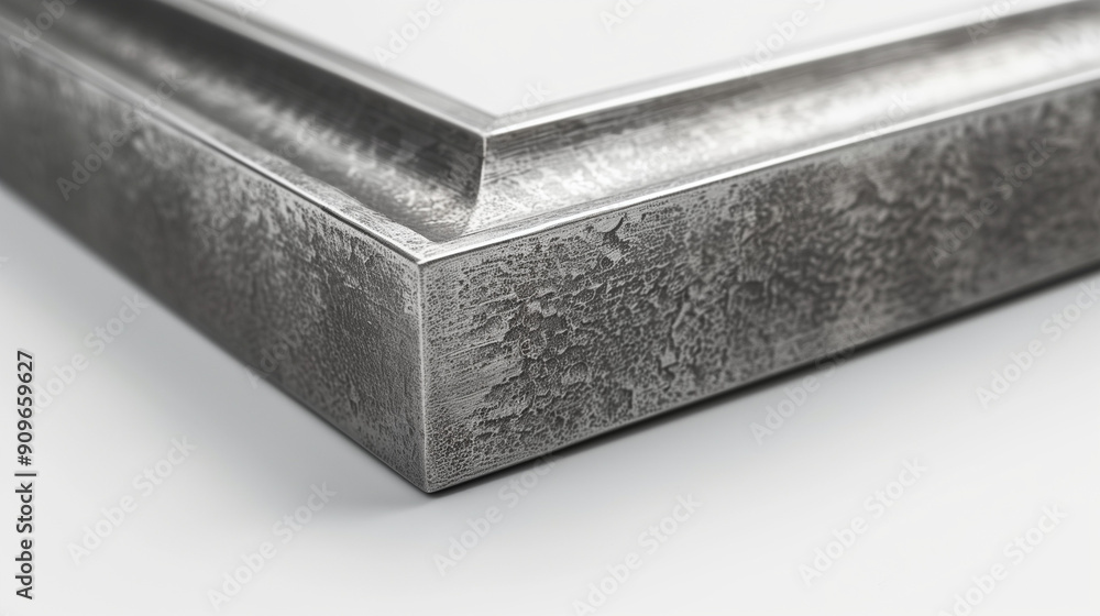 Close-up of textured modern frame corner, brushed silver finish on white isolation Close-up of textured modern frame corner, brushed silver finish on white isolation