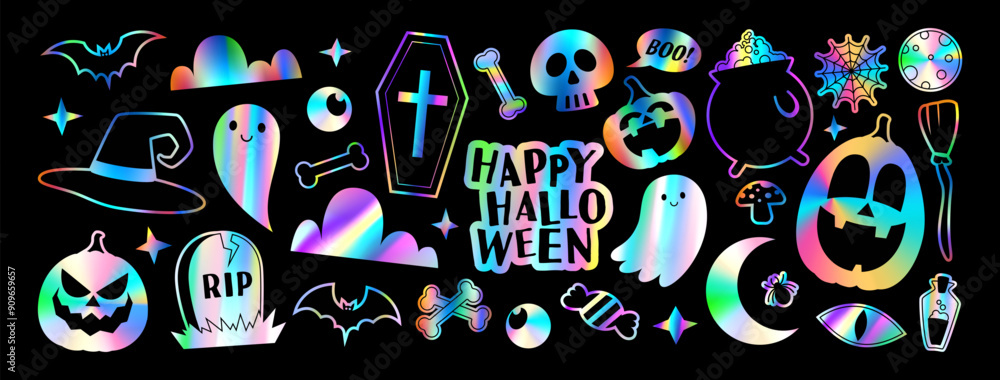 Obraz premium Set of holographic stickers for Halloween. Vector illustration with iridescent foil adhesive film with Halloween symbols in y2k style for decoration banner, poster, social media, web. Retro stickers.