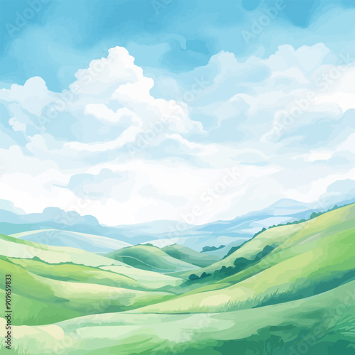 Green Hills Countryside Landscape Watercolor Vector Illustration.