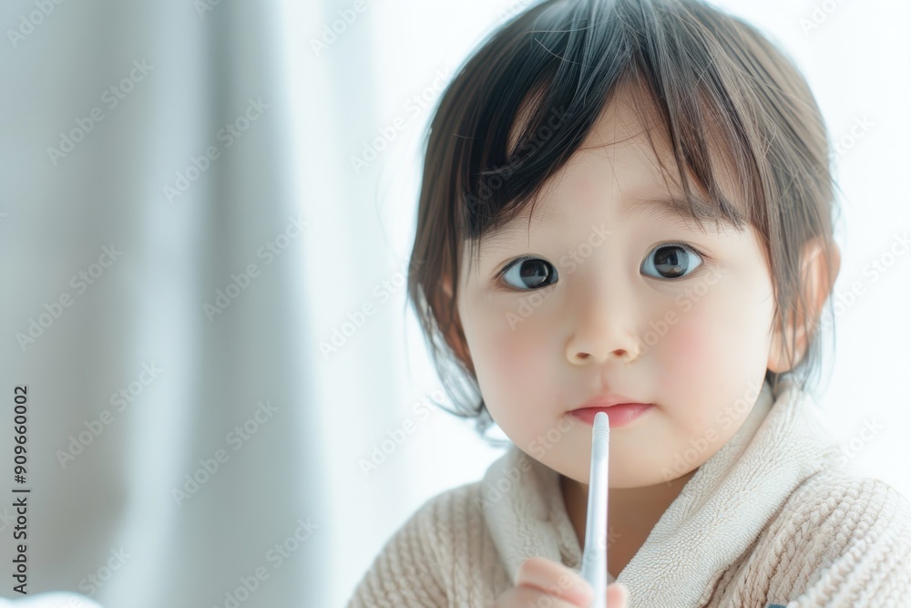 Asian child with flushed cheeks and a thermometer, Virus in children, Fever symptom Asian child with flushed cheeks and a thermometer, Virus in children, Fever symptom