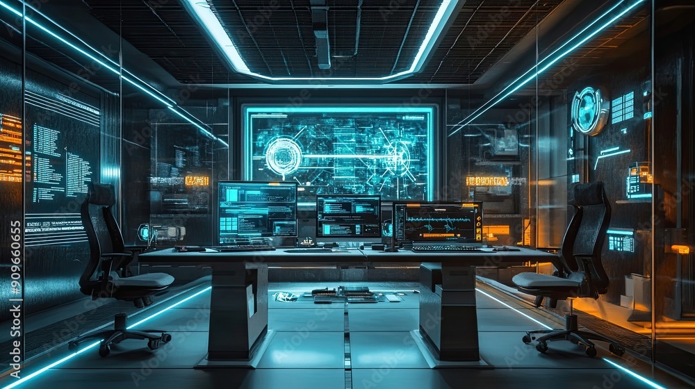 Futuristic Tech Office with Neon Lights and Computer Screens Futuristic Tech Office with Neon Lights and Computer Screens