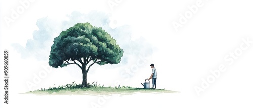 A serene illustration of a person caring for a tree, representing nature, growth, and connection to the environment. photo