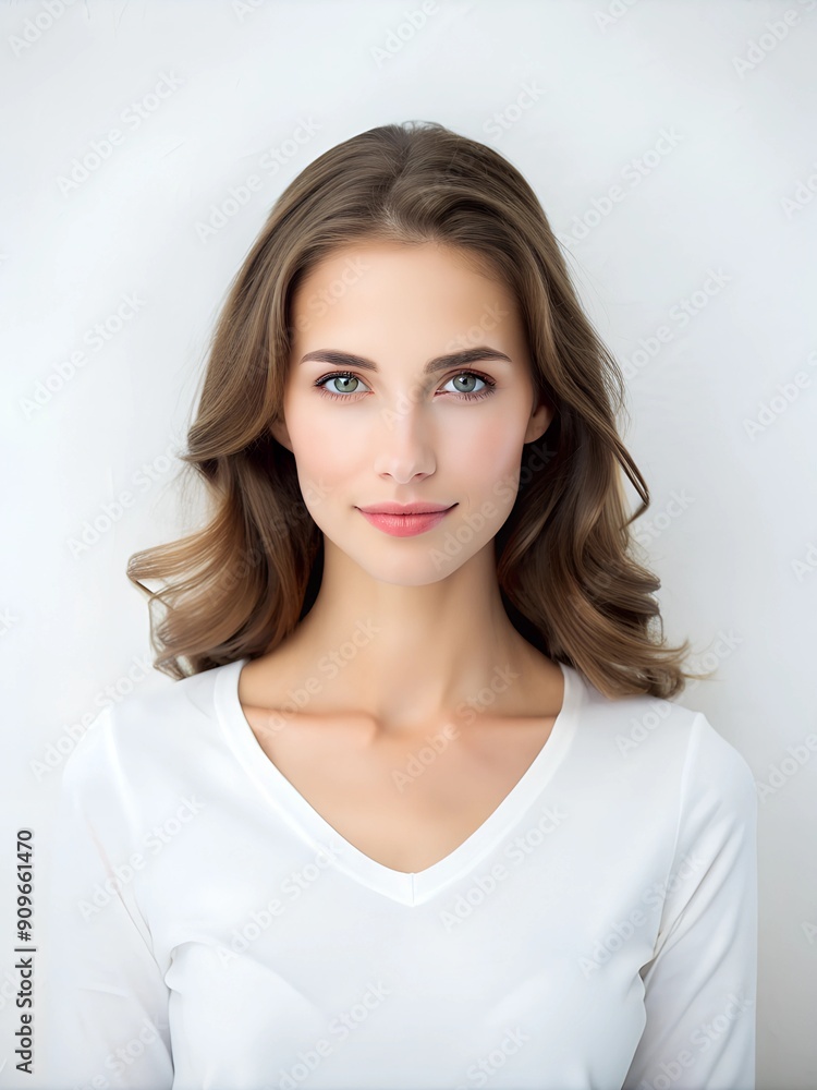 Young Woman with Wavy Hair in White Top, Clean and Fresh Look Young Woman with Wavy Hair in White Top, Clean and Fresh Look
