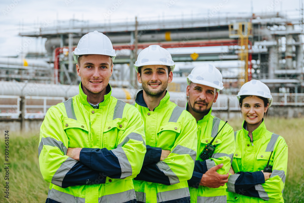 Group of oil and gas refinery engineer people worker standing happy smile, Smart expert teamwork together in petroleum industry. Group of oil and gas refinery engineer people worker standing happy smile, Smart expert teamwork together in petroleum industry.